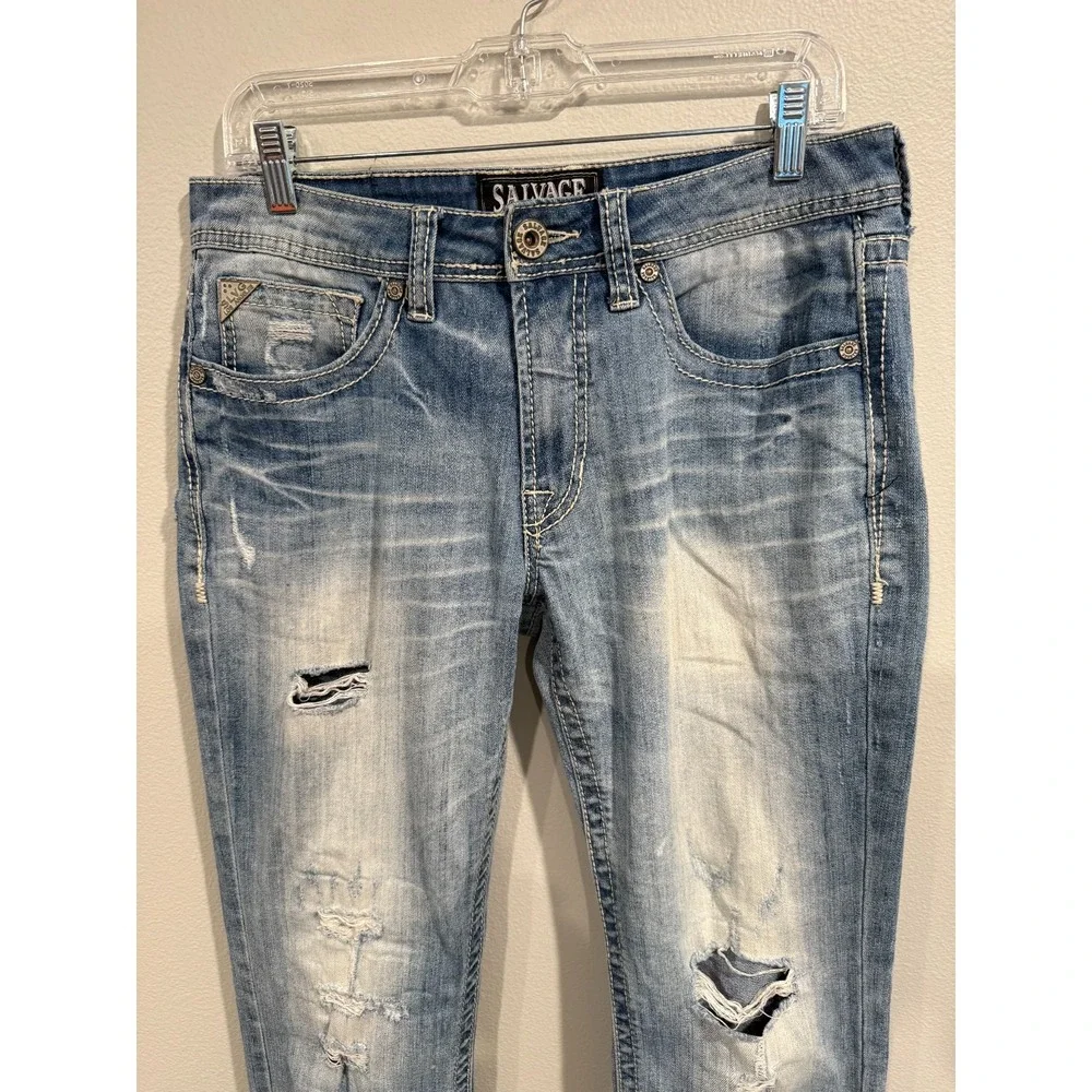 Salvage Mayhem Straight Jeans Men's 31L Blue Denim Stretch Distressed 5‎ Pocket